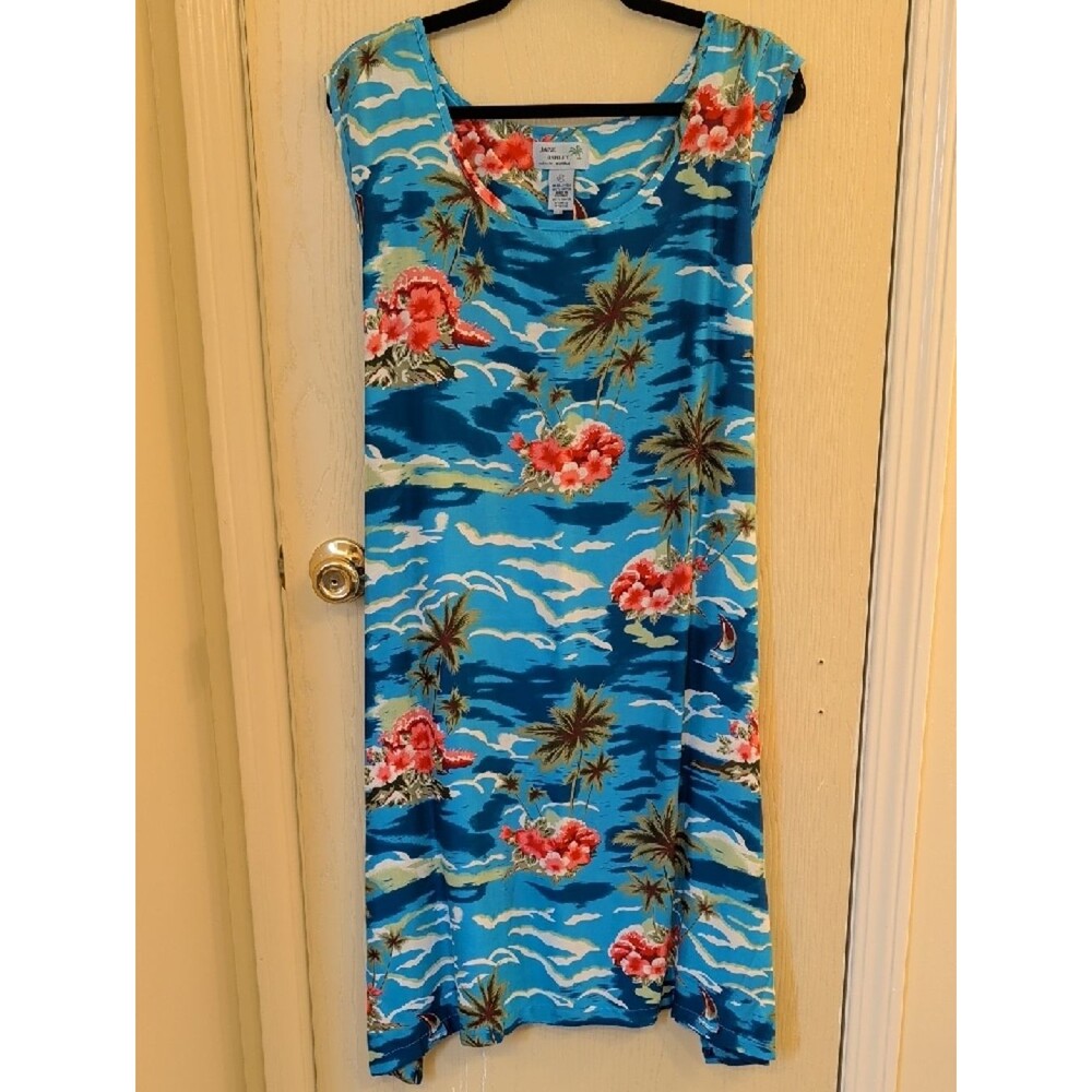 Jane Ashley Aqua Hawaiian Floral Sundress Sleeveless Rayon Tropical Dress 3X NWT